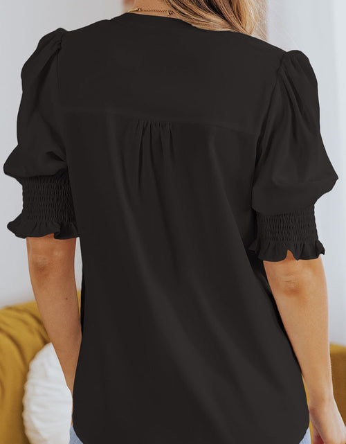 Load image into Gallery viewer, Smocked Flounce Sleeve Notched Neck Blouse
