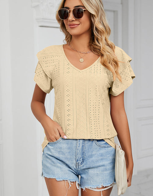 Load image into Gallery viewer, Eyelet V-Neck Short Sleeve T-Shirt
