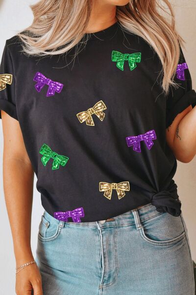 Load image into Gallery viewer, Bow Print Sequin Round Neck Short Sleeve T-Shirt
