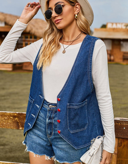 Load image into Gallery viewer, Pocketed Button Up Sleeveless Denim Jacket
