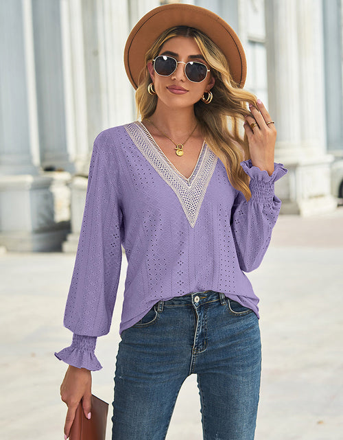Load image into Gallery viewer, V-Neck Eyelet Flounce Sleeve Blouse
