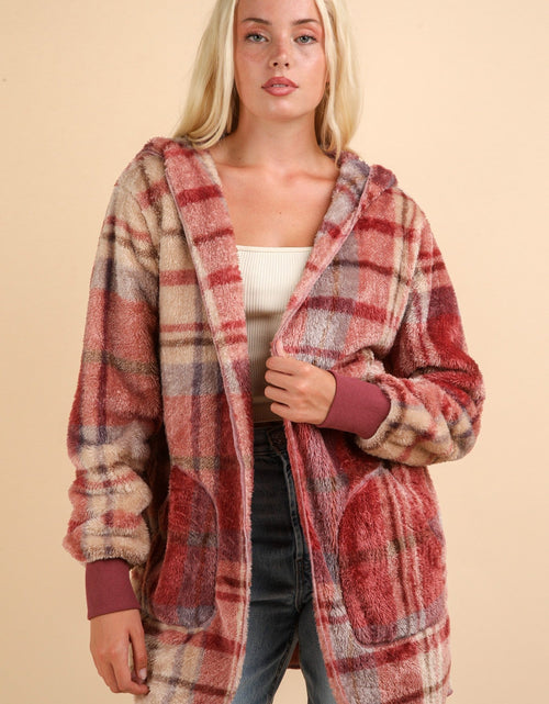 Load image into Gallery viewer, VERY J Fuzzy Plaid Long Sleeve Hooded Jacket
