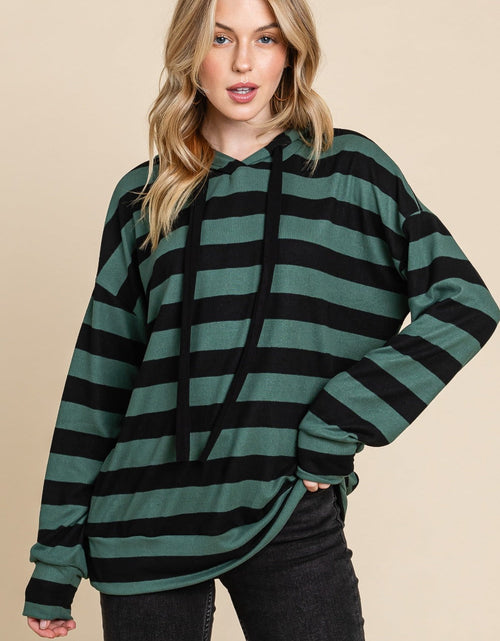 Load image into Gallery viewer, BOMBOM Drawstring Striped Dropped Shoulder Hoodie
