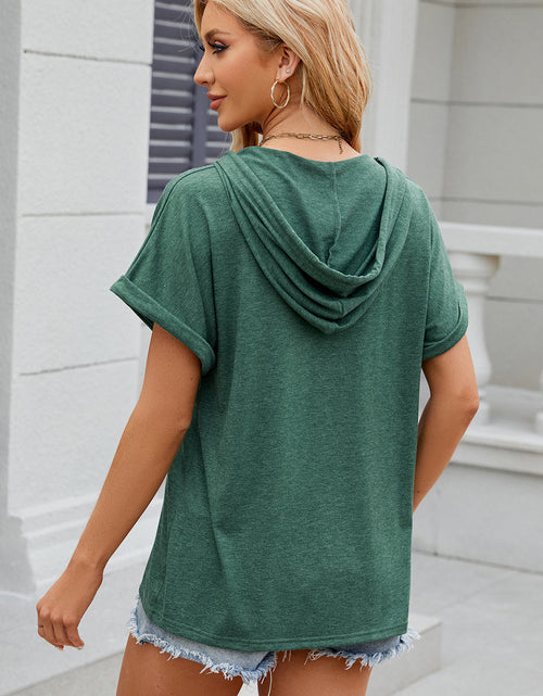 Load image into Gallery viewer, Half Button Drawstring Short Sleeve Hooded T-Shirt
