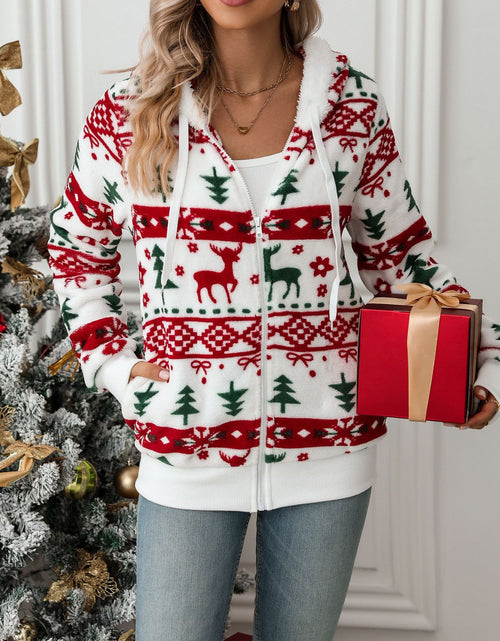Load image into Gallery viewer, Drawstring Christmas Element Zip Up Hooded Jacket
