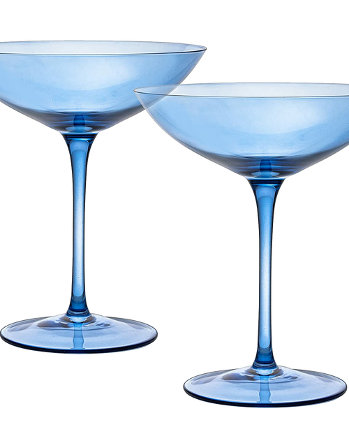 Load image into Gallery viewer, Champagne Coupes 12oz by The Wine Savant - Colorful Champagne Glasses, Prosecco, Mimosa Glasses Set, Cocktail Glass Set, Bar Glassware Luster Glasses (2, Cobalt Blue) by The Wine Savant
