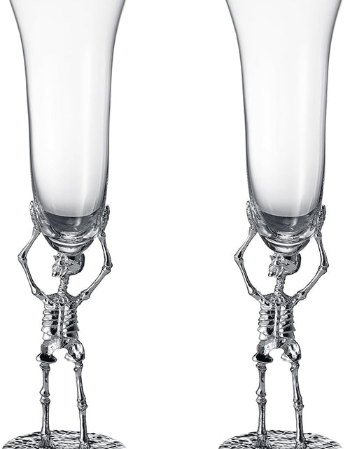 Load image into Gallery viewer, Stemmed Skeleton Champagne Flute Glass | Set of 2 | 7.5oz Halloween Skeleton Glasses 10" H, Goth Gifts, Skeleton Gifts, Skeleton Decor, Spooky Wine Gift Set, Perfect for Halloween Themed Parties by The Wine Savant
