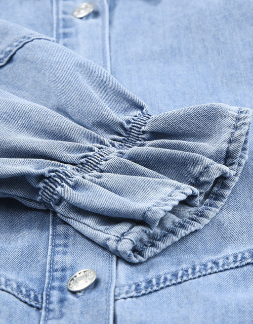 Load image into Gallery viewer, Distressed Collared Neck Flounce Sleeve Denim Dress
