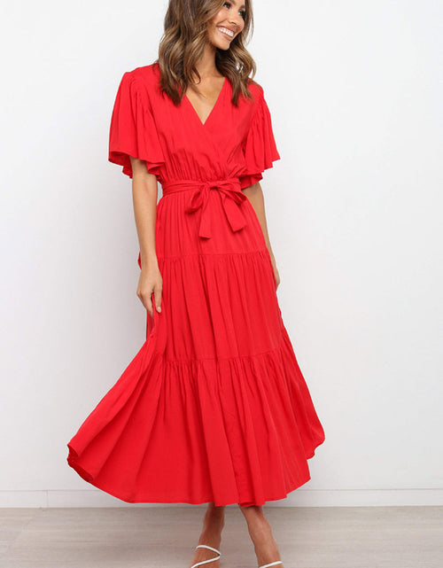 Load image into Gallery viewer, Front Tie Short Sleeve Tiered Midi Dress
