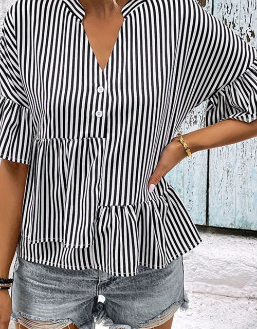 Load image into Gallery viewer, Perfee Striped Asymmetrical Flounce Sleeve Blouse
