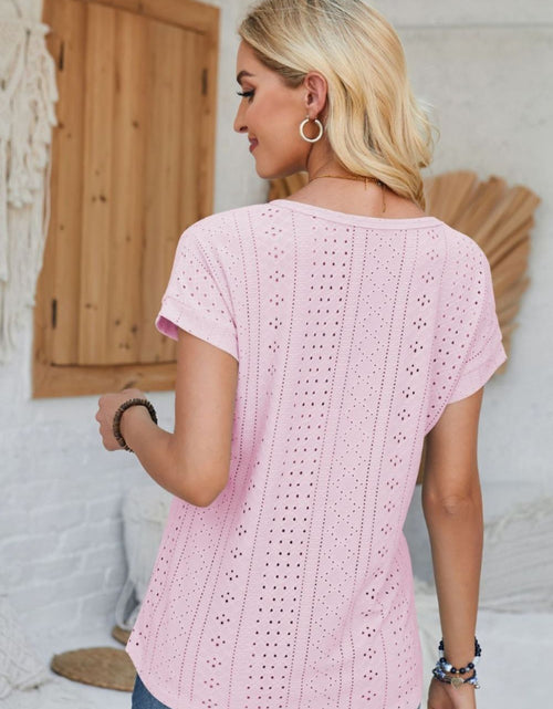 Load image into Gallery viewer, Eyelet Round Neck Rolled Short Sleeve T-Shirt
