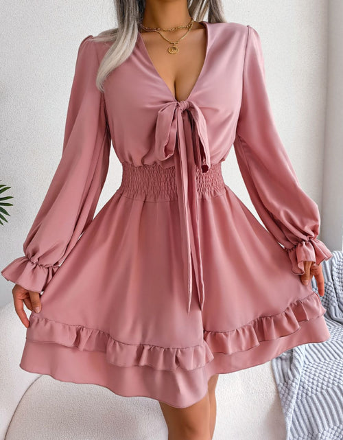 Load image into Gallery viewer, Tie Front Smocked Waist Flounce Sleeve Dress
