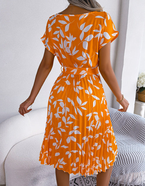 Load image into Gallery viewer, Printed Round Neck Short Sleeve Pleated Dress
