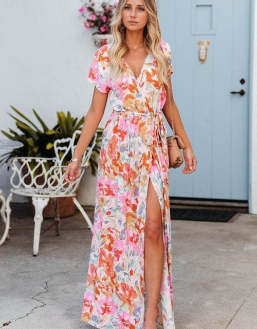 Load image into Gallery viewer, Printed Surplice Short Sleeve Tie Waist Maxi Dress
