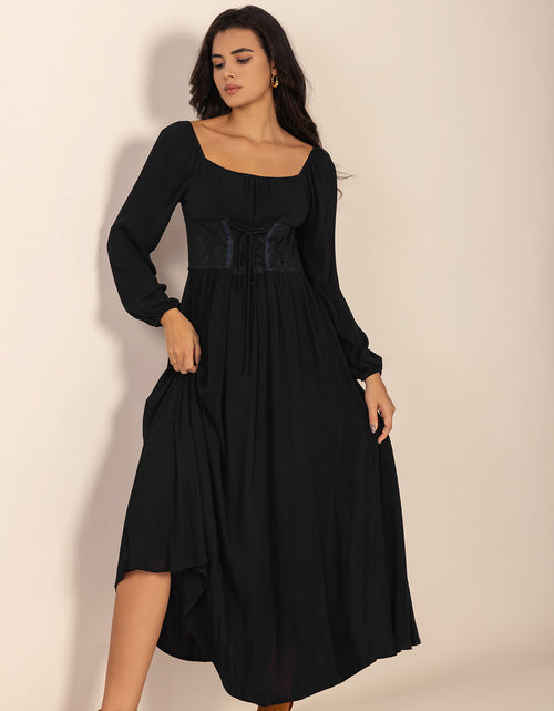 Load image into Gallery viewer, Lace-Up Square Neck Long Sleeve Midi Dress
