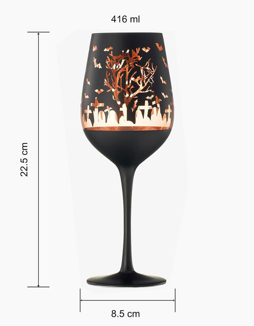 Load image into Gallery viewer, Crystal Halloween Stemmed Wine Glasses - Set of 2 - Themed Vibrant Black &amp; Gold Etched Spooky Graveyard Pattern Frosted Glass, Perfect for Themed Gothic Parties Trick Or Treat Gift For Him Her (14 OZ) by The Wine Savant
