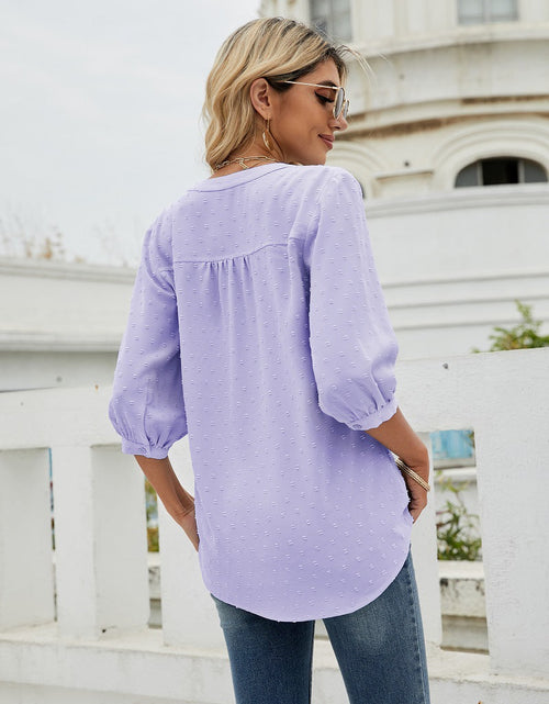 Load image into Gallery viewer, Swiss Dot Notched Neck Three-Quarter Sleeve Blouse
