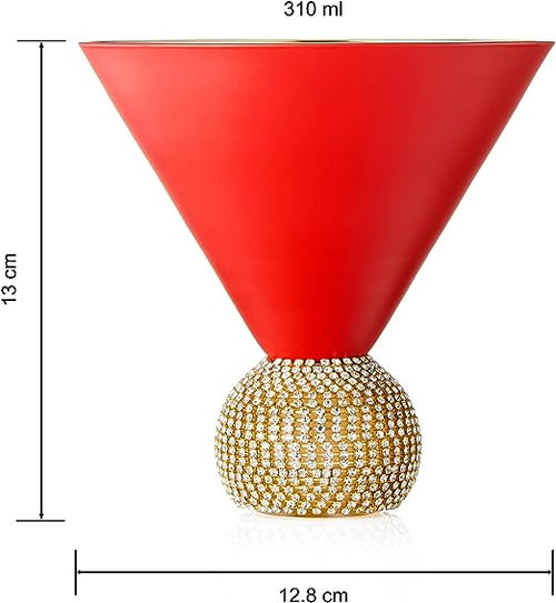Load image into Gallery viewer, The Wine Savant Diamond Studded Martini Glasses Set of 2 Matte Red &amp; Gold Modern Cocktail Glass, Rhinestone Diamonds With Stemless Crystal Ball Base, Bar or Party 10.5oz, Swarovski Style Crystals by The Wine Savant
