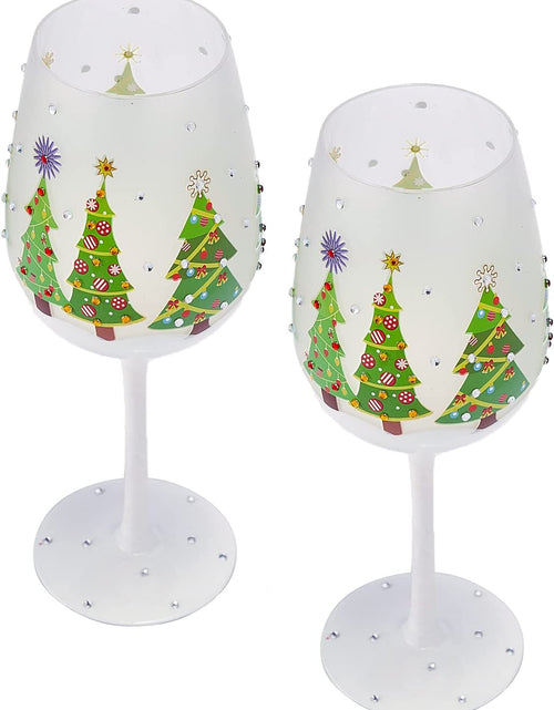 Load image into Gallery viewer, Set of 2 Stemmed Christmas Tree Design Wine Glasses - Hand Painted 14 oz Decorated Christmas Tree Glasses - Perfect for Wine, Champagne, Holiday Parties and Festivities - 8.75" High, 14 oz Capacity by The Wine Savant
