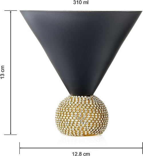 Load image into Gallery viewer, The Wine Savant Diamond Studded Martini Glasses Set of 2 Black &amp; Gold Rimmed Modern Cocktail Glass, Rhinestone With Stemless Crystal Ball Base, Bar or Party 10.5oz, Swarovski Style Crystals by The Wine Savant
