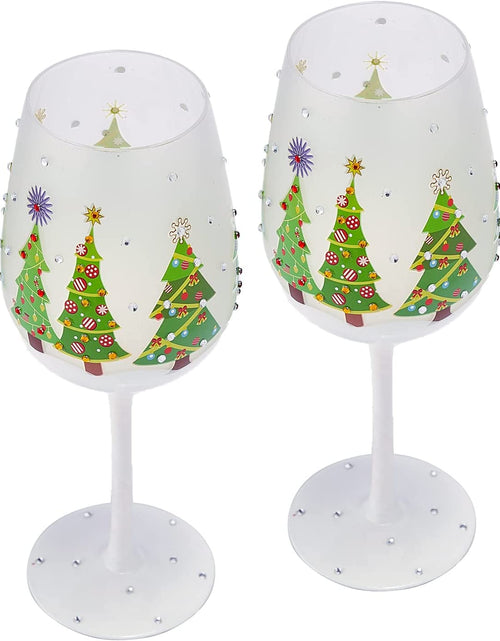 Load image into Gallery viewer, Set of 2 Stemmed Christmas Tree Design Wine Glasses - Hand Painted 14 oz Decorated Christmas Tree Glasses - Perfect for Wine, Champagne, Holiday Parties and Festivities - 8.75" High, 14 oz Capacity by The Wine Savant

