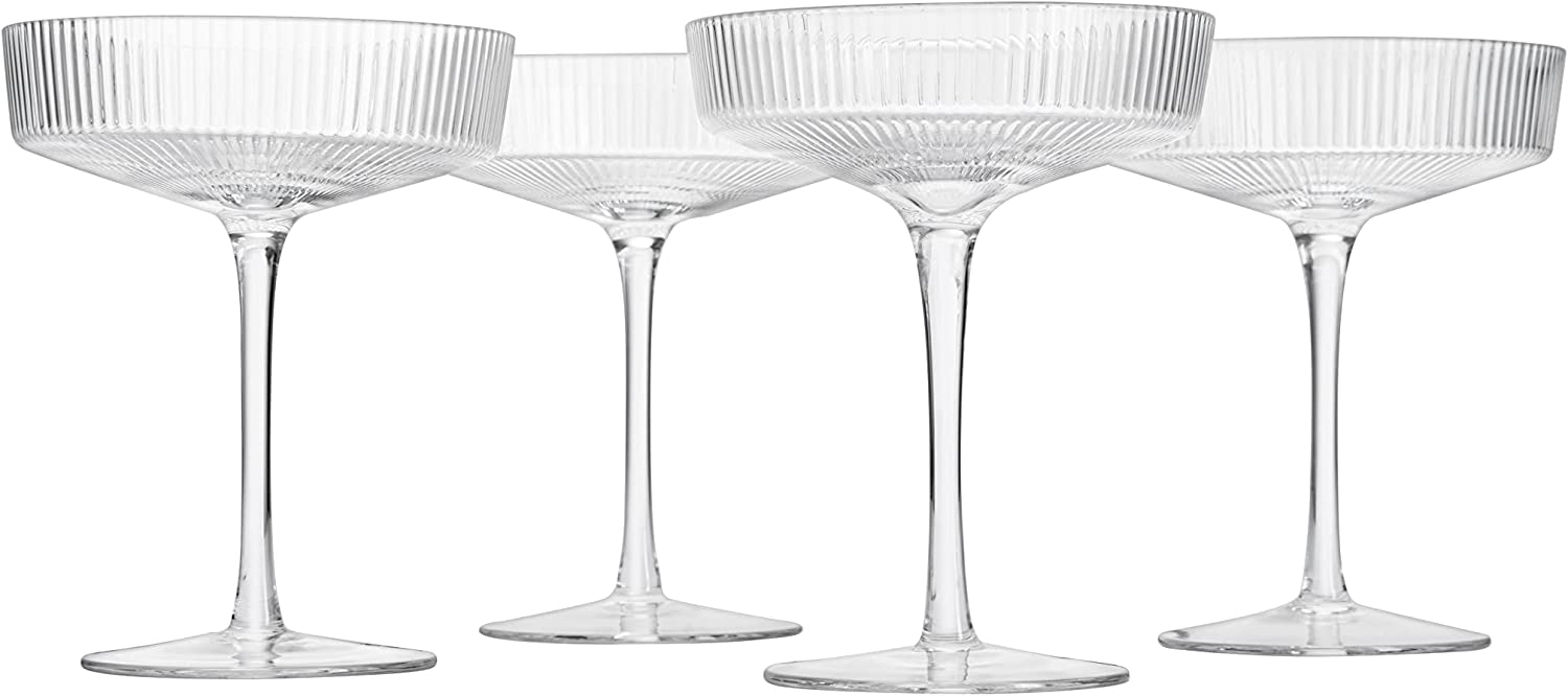 Ribbed Coupe Cocktail Glasses 8 oz | Set of 4 | Classic Manhattan Glasses For Cocktails, Champagne Coupe, Ripple Coupe Glasses, Art Deco Gatsby Vintage, Crystal with Stems (Clear) by The Wine Savant