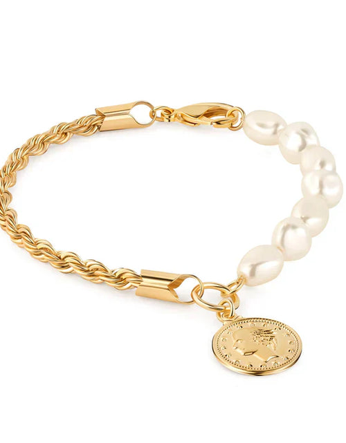 Load image into Gallery viewer, RMZ GOLD NYC 18K Gold Rope &amp; Pearl Bracelet with Coin Charm - 8 Inches
