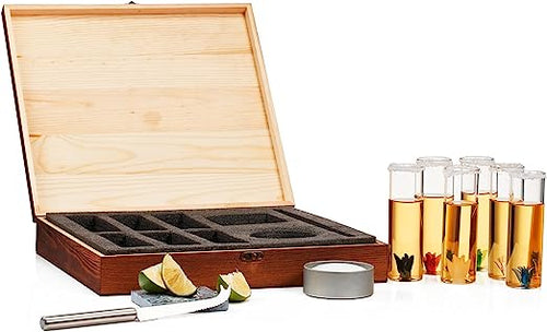 Load image into Gallery viewer, Tequila Shot Glass &amp; Salt Gift Set for Men &amp; Women | Six Agave Shot Glasses, Knife For Limes, One Skull Coaster, One Salt Tin | Skeleton Mahogany Wood Box Package For Tequila, Liquor Lovers by The Wine Savant
