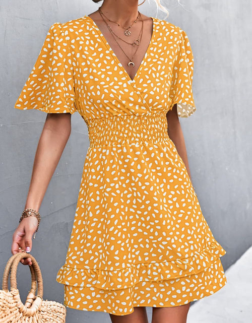 Load image into Gallery viewer, Printed Smocked Waist Layered Surplice Dress
