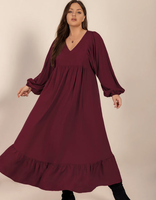 Load image into Gallery viewer, Plus Size Ruffled Hem V-Neck Balloon Sleeve Dress
