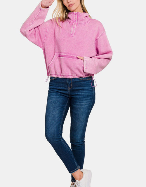 Load image into Gallery viewer, Zenana Acid Wash Fleece Half Snap Sweatshirt with Pocket

