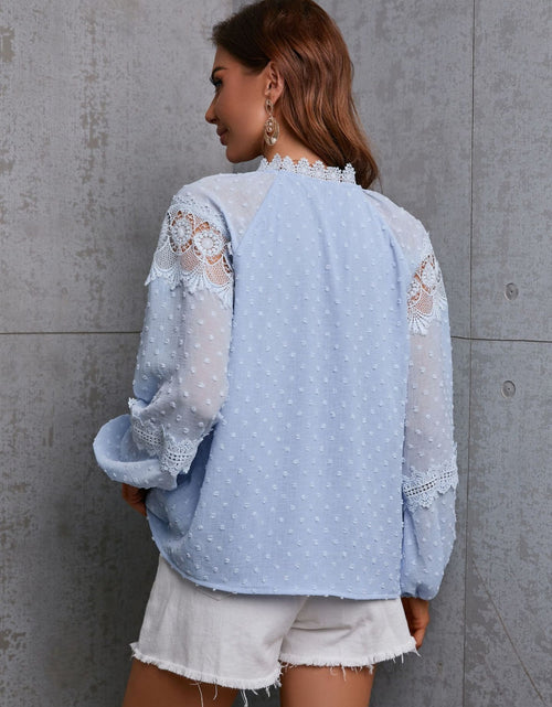 Load image into Gallery viewer, Crochet Tassel Tie Neck Long Sleeve Blouse
