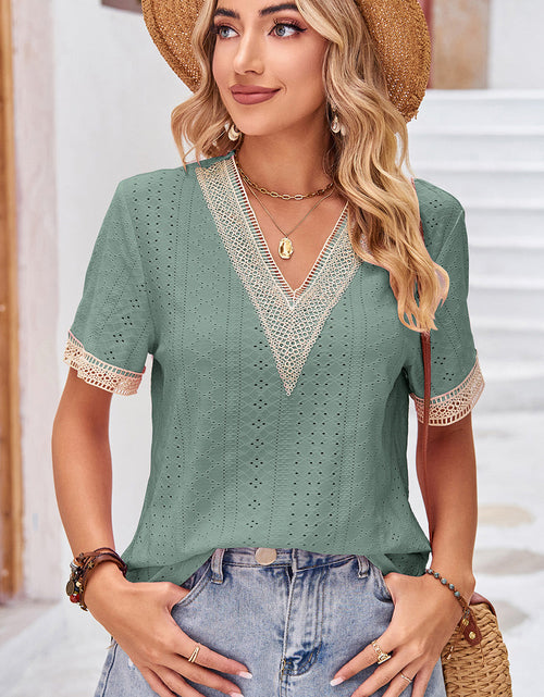 Load image into Gallery viewer, Eyelet V-Neck Short Sleeve T-Shirt
