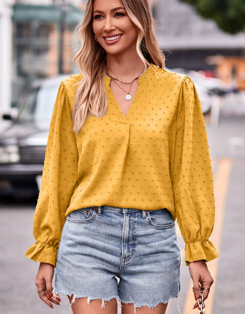 Load image into Gallery viewer, Swiss Dot Notched Neck Flounce Sleeve Blouse
