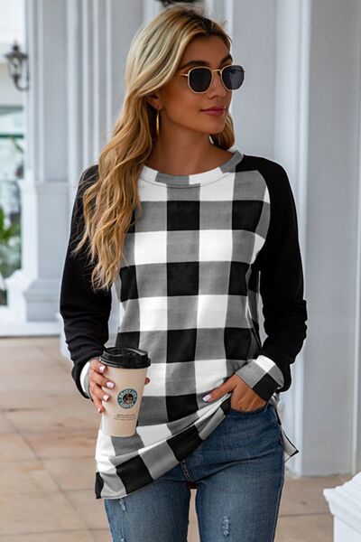 Load image into Gallery viewer, Plaid Round Neck Long Sleeve T-Shirt
