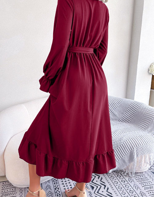 Load image into Gallery viewer, Contrast Belted Flounce Sleeve Dress
