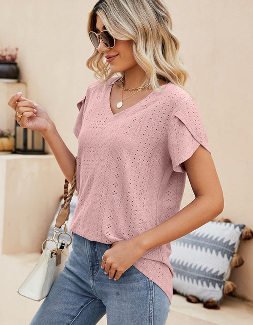 Load image into Gallery viewer, Eyelet Petal Sleeve V-Neck Knit Top
