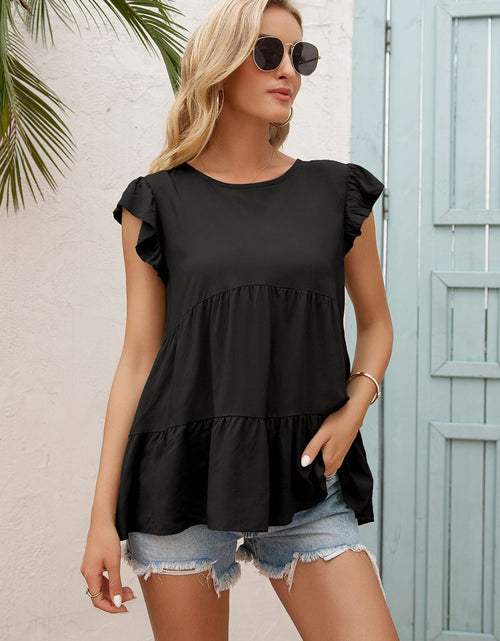 Load image into Gallery viewer, Ivy Lane Round Neck Flutter Sleeve Tiered Blouse
