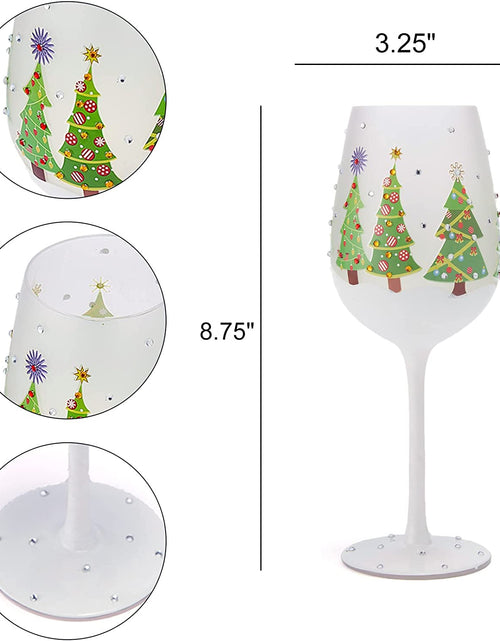Load image into Gallery viewer, Set of 2 Stemmed Christmas Tree Design Wine Glasses - Hand Painted 14 oz Decorated Christmas Tree Glasses - Perfect for Wine, Champagne, Holiday Parties and Festivities - 8.75" High, 14 oz Capacity by The Wine Savant
