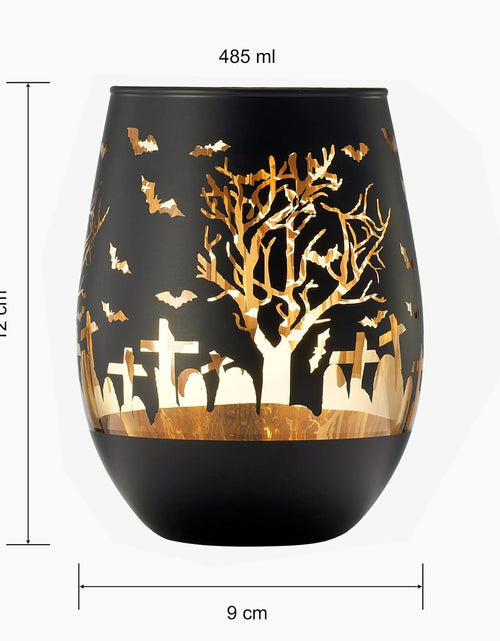 Load image into Gallery viewer, Crystal Halloween Stemless Wine Glass - Set of 2 - Themed Vibrant Black &amp; Gold Etched Spooky Graveyard Pattern Frosted Glass, Perfect for Themed Gothic Parties Trick Or Treat Gift For Him Her (16 OZ) by The Wine Savant
