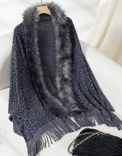 Load image into Gallery viewer, Fringe Leopard Open Front Long Sleeve Poncho
