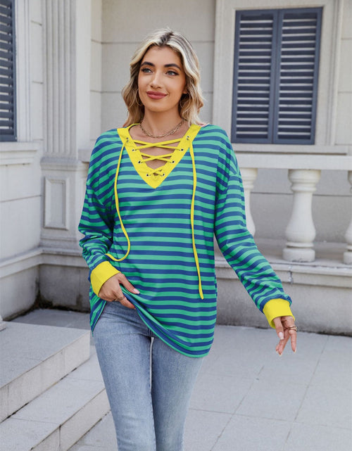 Load image into Gallery viewer, Lace-Up Striped Long Sleeve T-Shirt
