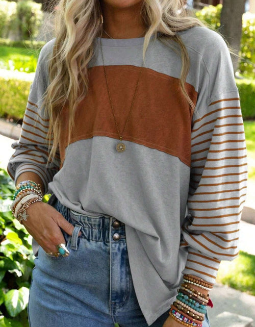 Load image into Gallery viewer, Round Neck Striped Long Sleeve Slit T-Shirt
