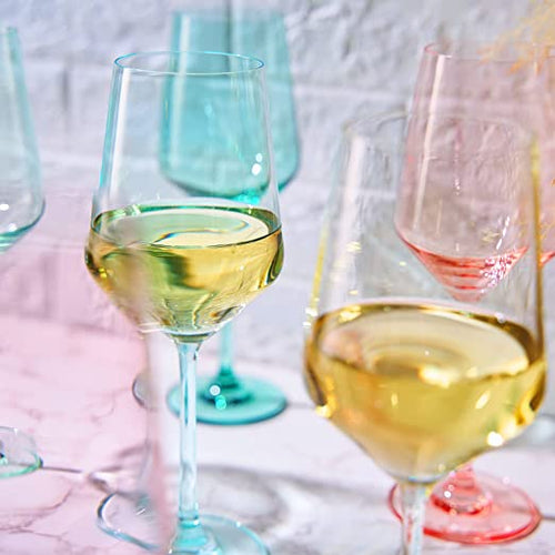 Load image into Gallery viewer, Colored Crystal Wine Glass Set of 6, Gift For Mothers Day, Her, Wife, Mom Friend - Large 12 oz Glasses, Unique Italian Style Tall Drinkware - Red &amp; White, Dinner, Beautiful Glassware - (Summer) by The Wine Savant
