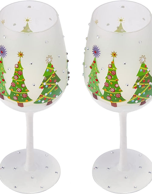 Load image into Gallery viewer, Set of 2 Stemmed Christmas Tree Design Wine Glasses - Hand Painted 14 oz Decorated Christmas Tree Glasses - Perfect for Wine, Champagne, Holiday Parties and Festivities - 8.75" High, 14 oz Capacity by The Wine Savant
