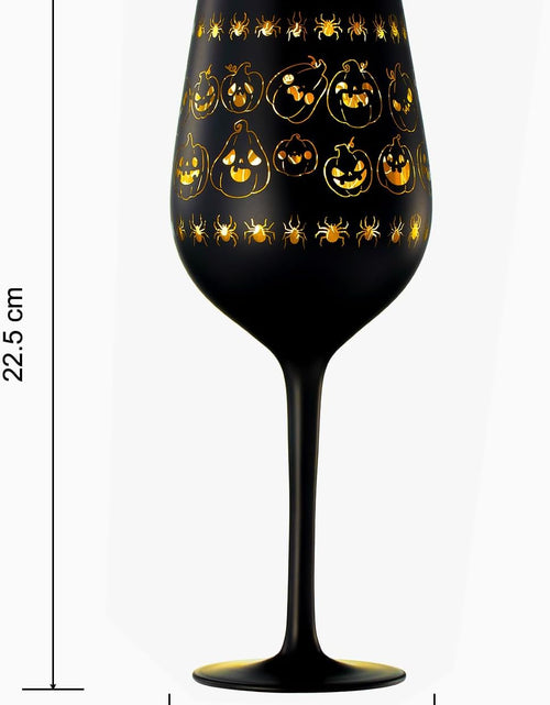 Load image into Gallery viewer, Crystal Halloween Stemmed Wine Glasses - Set of 2 - Pumpkin Themed Vibrant Black &amp; Gold Spooky Ghost Pattern Frosted Glass, Perfect for Themed Gothic Parties Trick Or Treat Gifts for Him Her (16 OZ) by The Wine Savant

