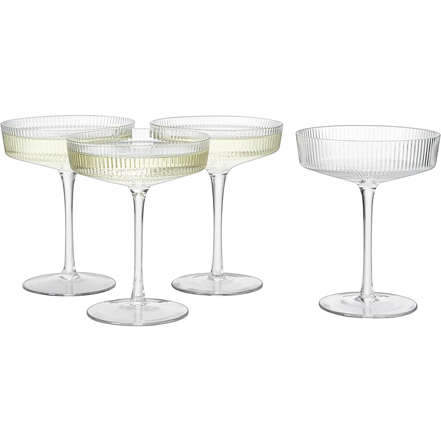Ribbed Coupe Cocktail Glasses 8 oz | Set of 4 | Classic Manhattan Glasses For Cocktails, Champagne Coupe, Ripple Coupe Glasses, Art Deco Gatsby Vintage, Crystal with Stems (Clear) by The Wine Savant