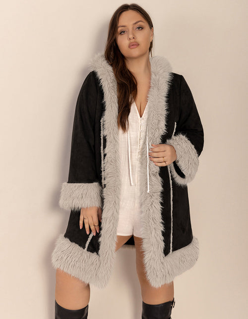 Load image into Gallery viewer, Plus Size Fuzzy Trim Open Front Long Sleeve Hooded Coat
