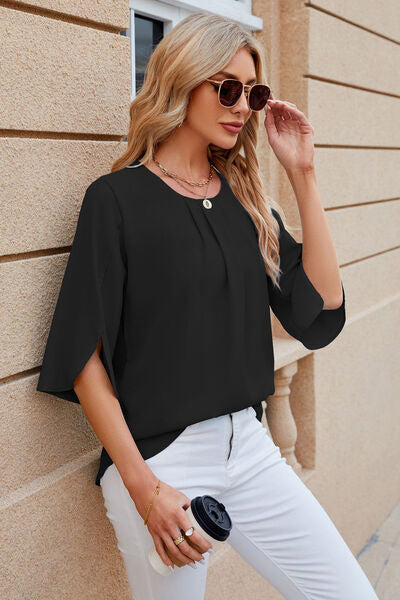 Load image into Gallery viewer, Round Neck Slit Half Sleeve Top
