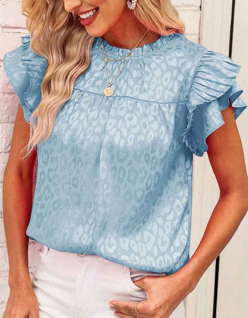 Load image into Gallery viewer, Leopard Frill Mock Neck Ruffled Cap Sleeve Top
